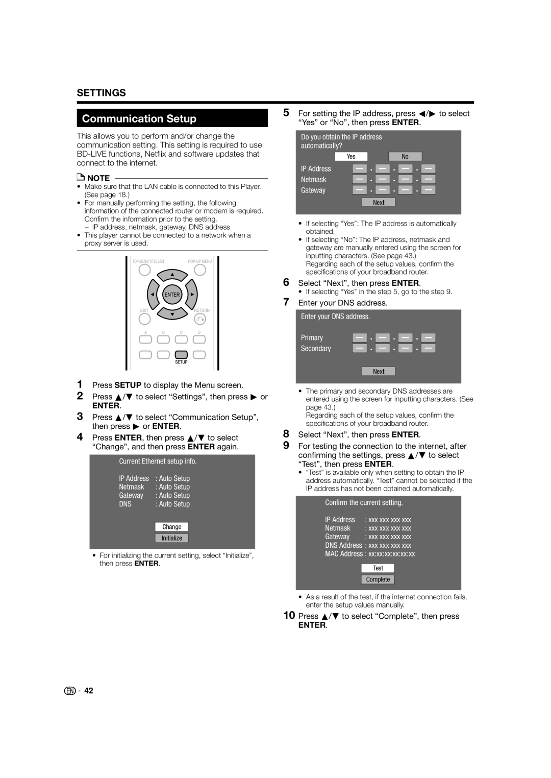 Sharp BD-HP24U(A) Communication Setup, Select Next, then press Enter, Enter your DNS address. Enter your DNS address 