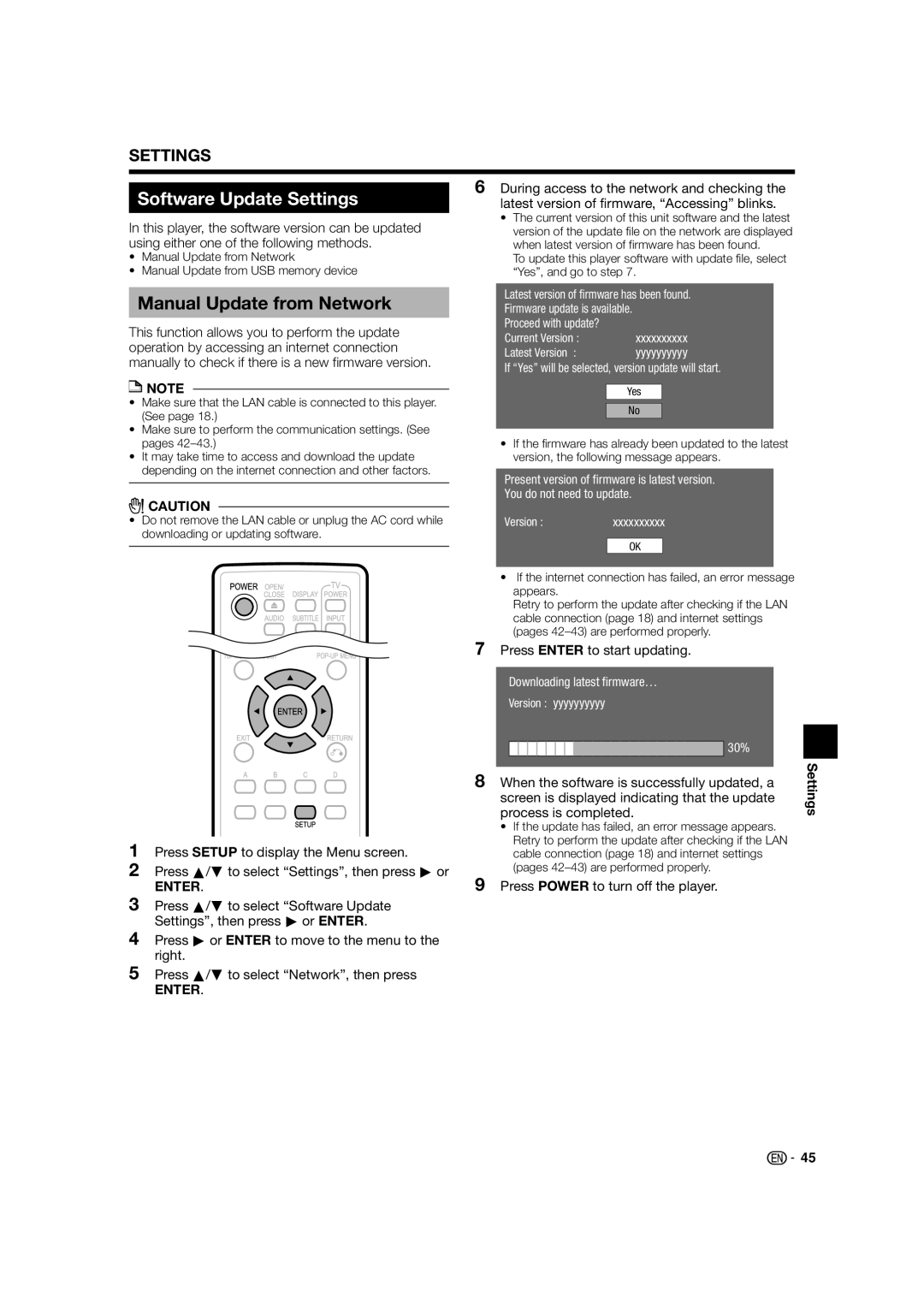 Sharp BD-HP24U(A) operation manual Software Update Settings, Manual Update from Network 