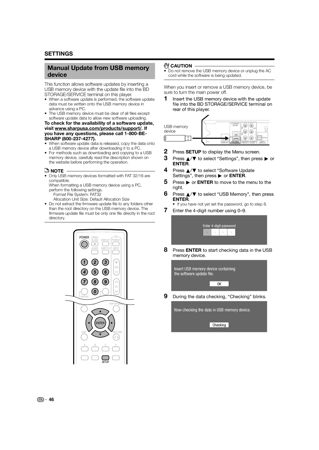 Sharp BD-HP24U(A) operation manual Manual Update from USB memory device, Enter the 4-digit number using 