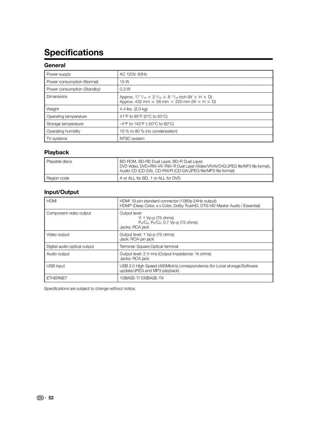 Sharp BD-HP24U(A) operation manual Specifications, General, Input/Output 