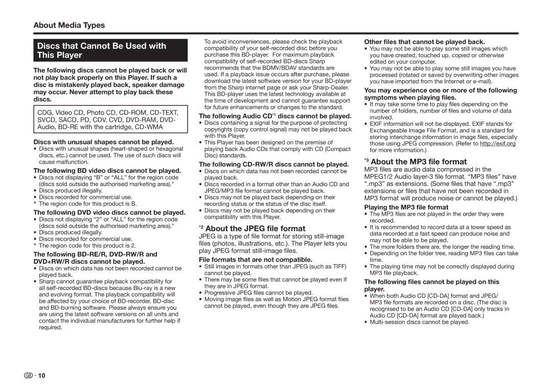 Sharp BD-HP25S operation manual Discs that Cannot Be Used with This Player, About Media Types, About the Jpeg file format 