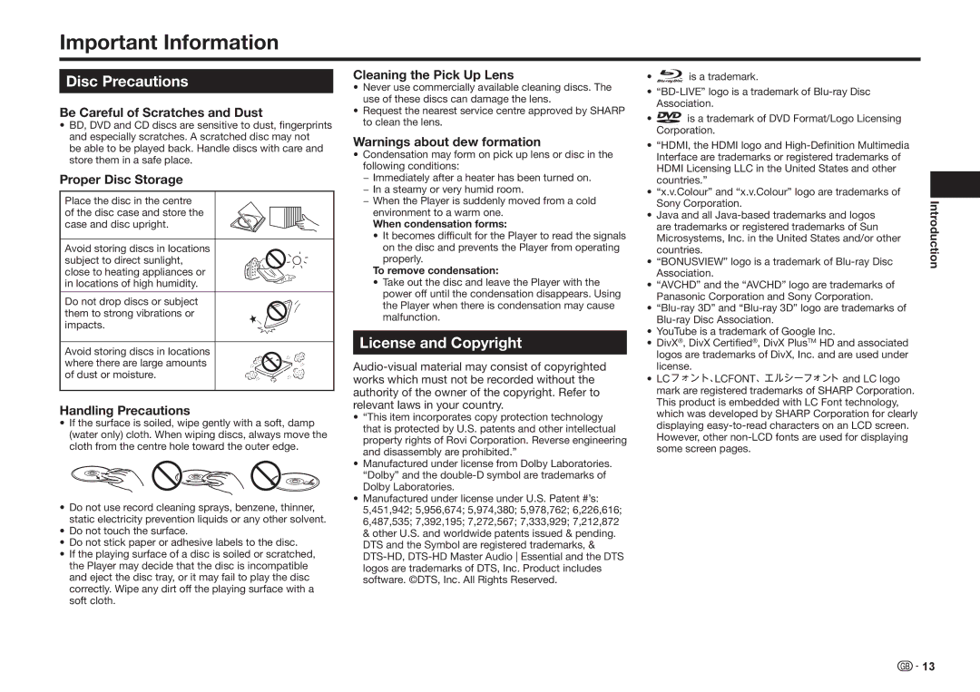 Sharp BD-HP25S operation manual Important Information, Disc Precautions, License and Copyright 