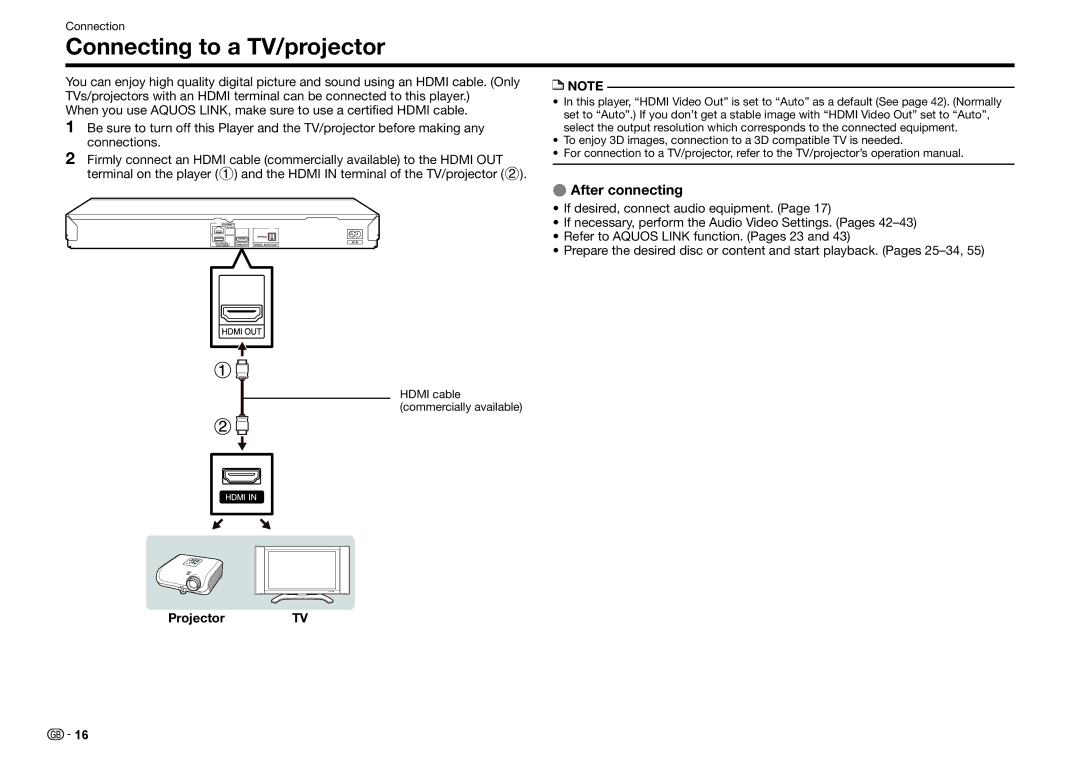 Sharp BD-HP25S operation manual Connecting to a TV/projector, EEAfter connecting, Projector TV, Connection 