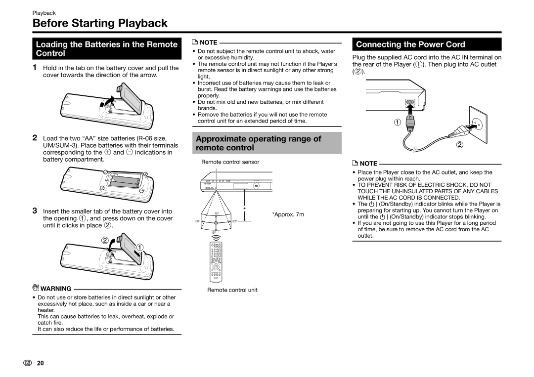 Sharp BD-HP25S Before Starting Playback, Loading the Batteries in the Remote Control, Connecting the Power Cord 