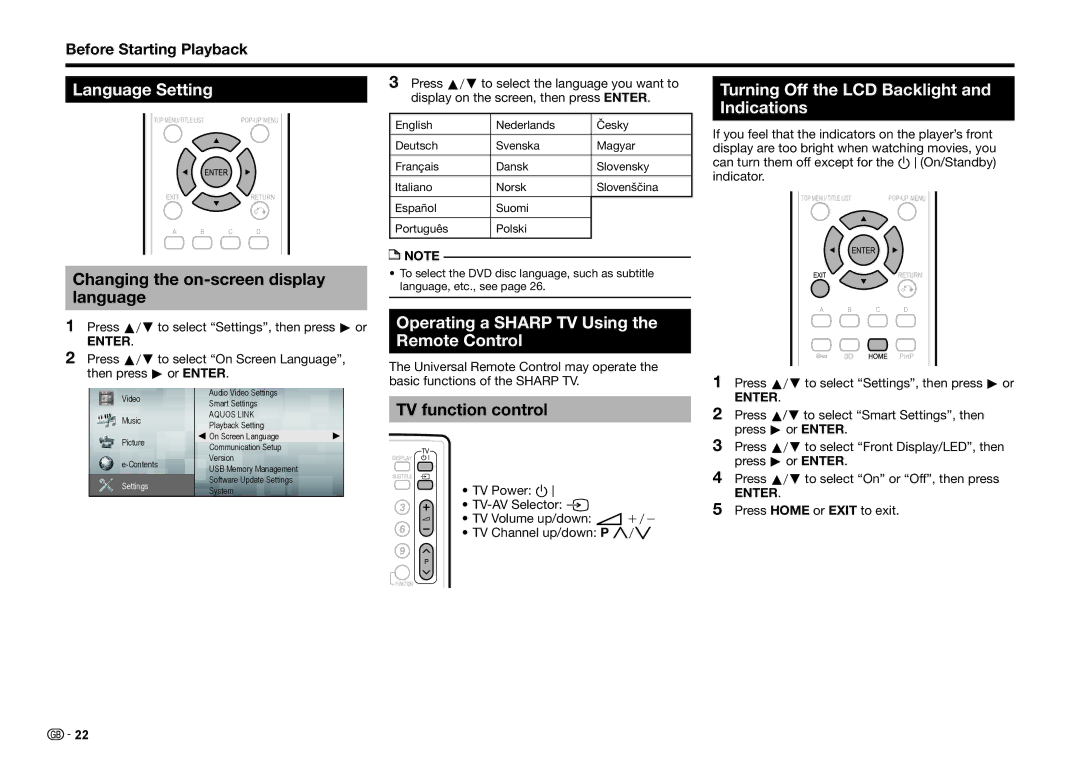 Sharp BD-HP25S Language Setting, Changing the on-screen display language, Operating a Sharp TV Using the Remote Control 