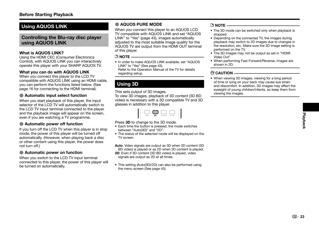 Sharp BD-HP25S operation manual Using Aquos Link, Controlling the Blu-ray disc player, Using 3D 