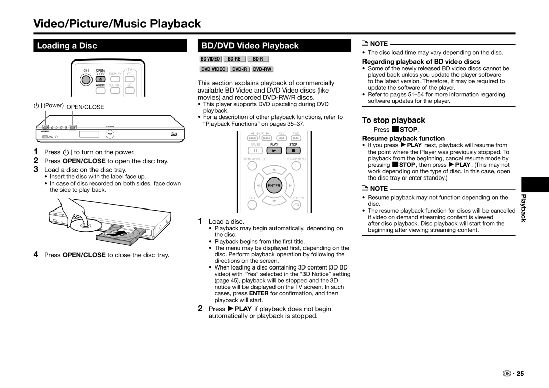 Sharp BD-HP25S operation manual Video/Picture/Music Playback, Loading a Disc, BD/DVD Video Playback, To stop playback 