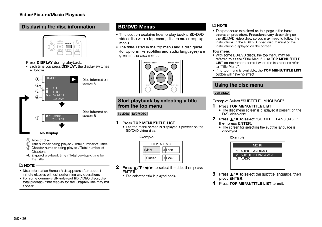 Sharp BD-HP25S Displaying the disc information, BD/DVD Menus, Start playback by selecting a title from the top menu 