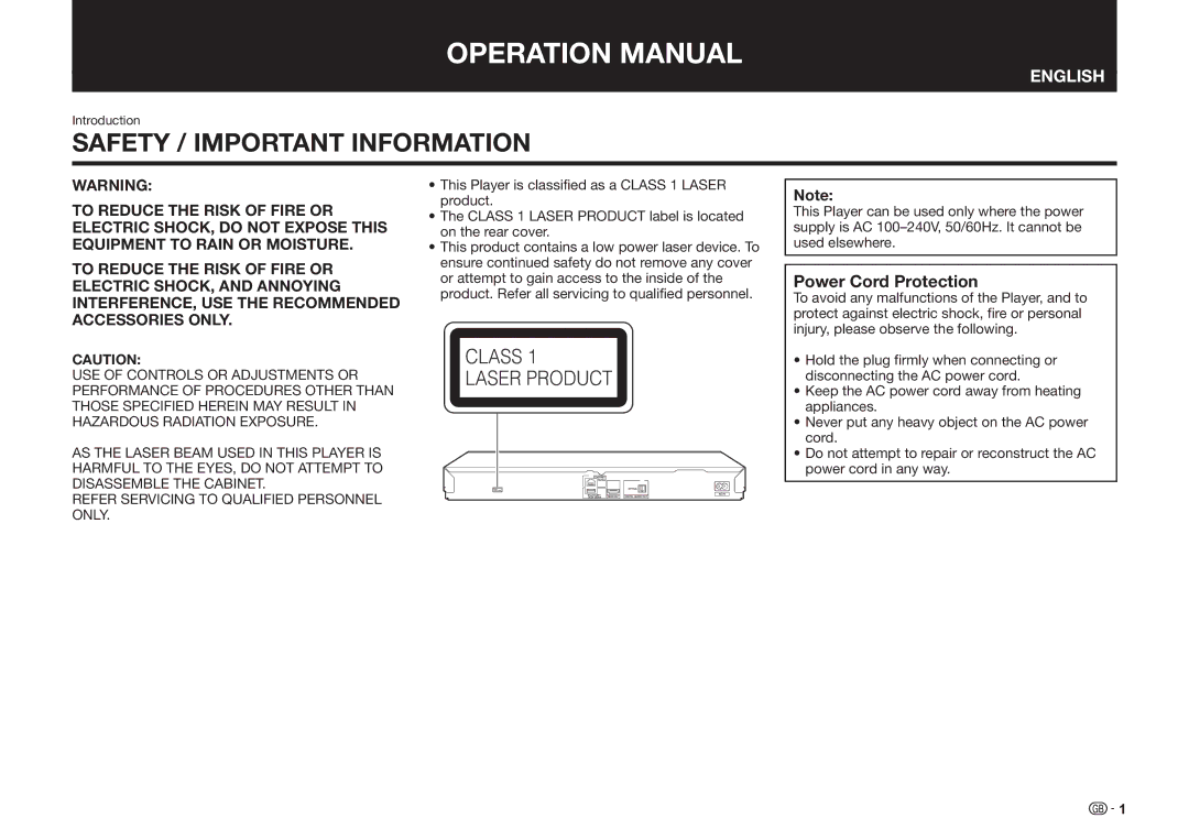 Sharp BD-HP25S operation manual Power Cord Protection, Introduction 