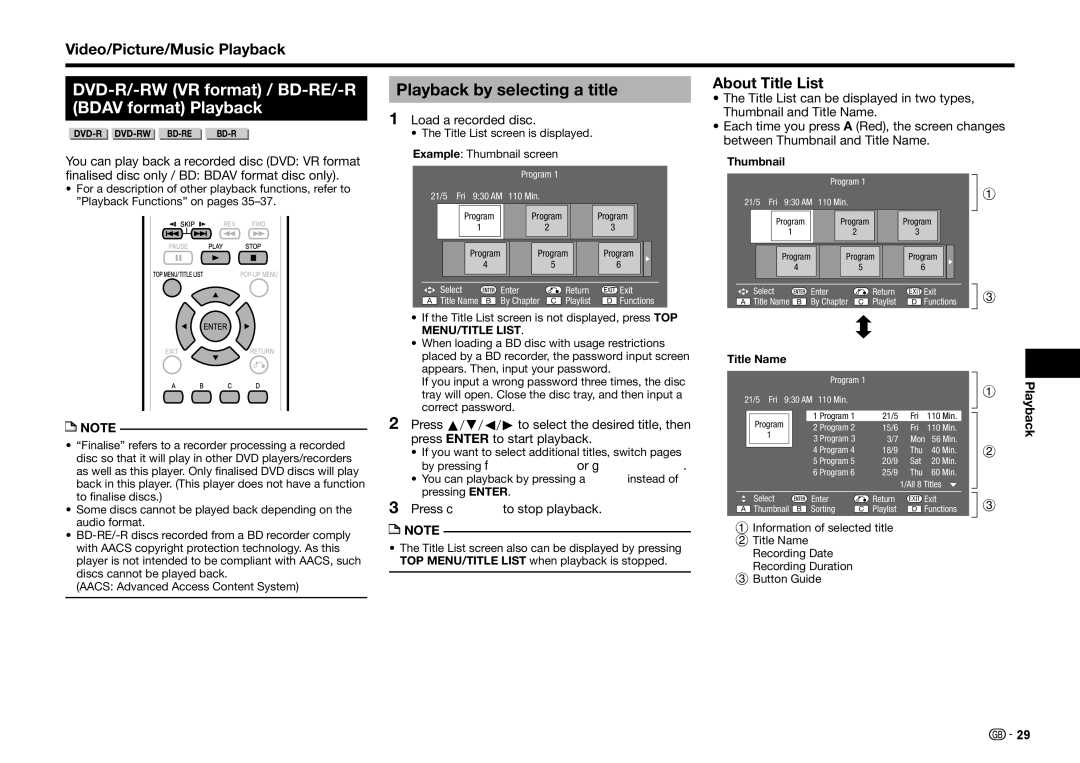 Sharp BD-HP25S operation manual DVD-R/-RW VR format / BD-RE/-R, Playback by selecting a title, Bdav format Playback 