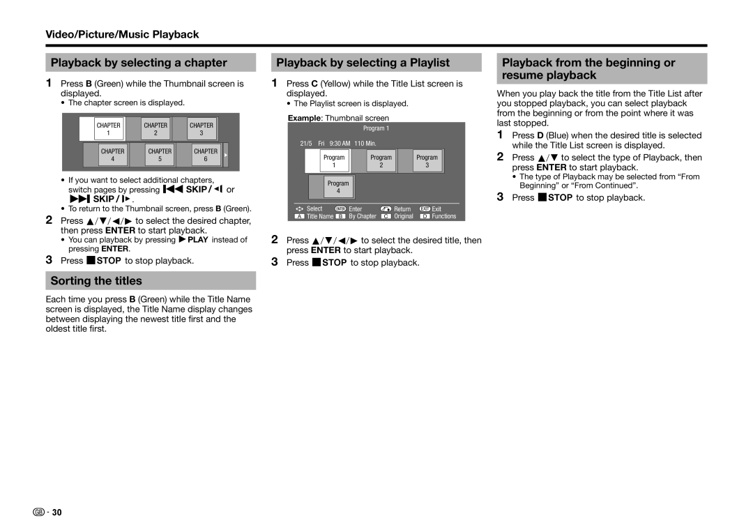 Sharp BD-HP25S operation manual Playback by selecting a chapter, Sorting the titles, Playback by selecting a Playlist 