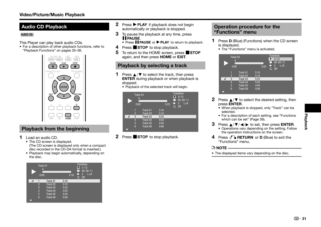 Sharp BD-HP25S operation manual Audio CD Playback, Playback from the beginning, Playback by selecting a track 