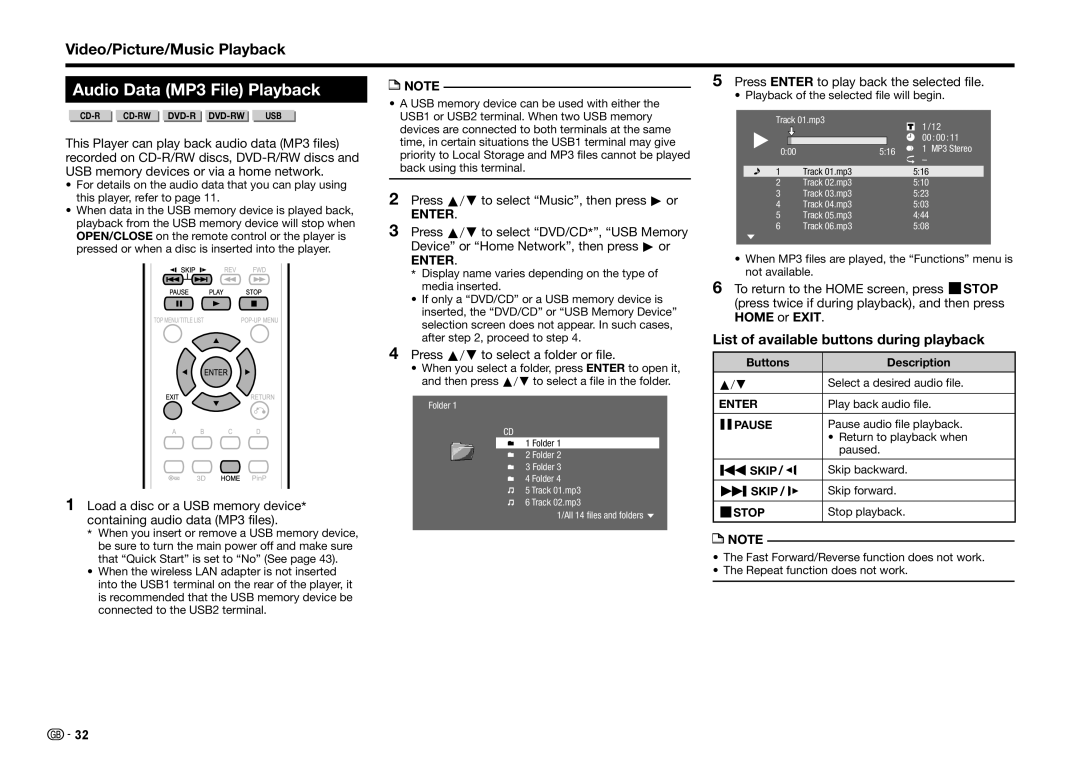 Sharp BD-HP25S operation manual Audio Data MP3 File Playback, List of available buttons during playback 