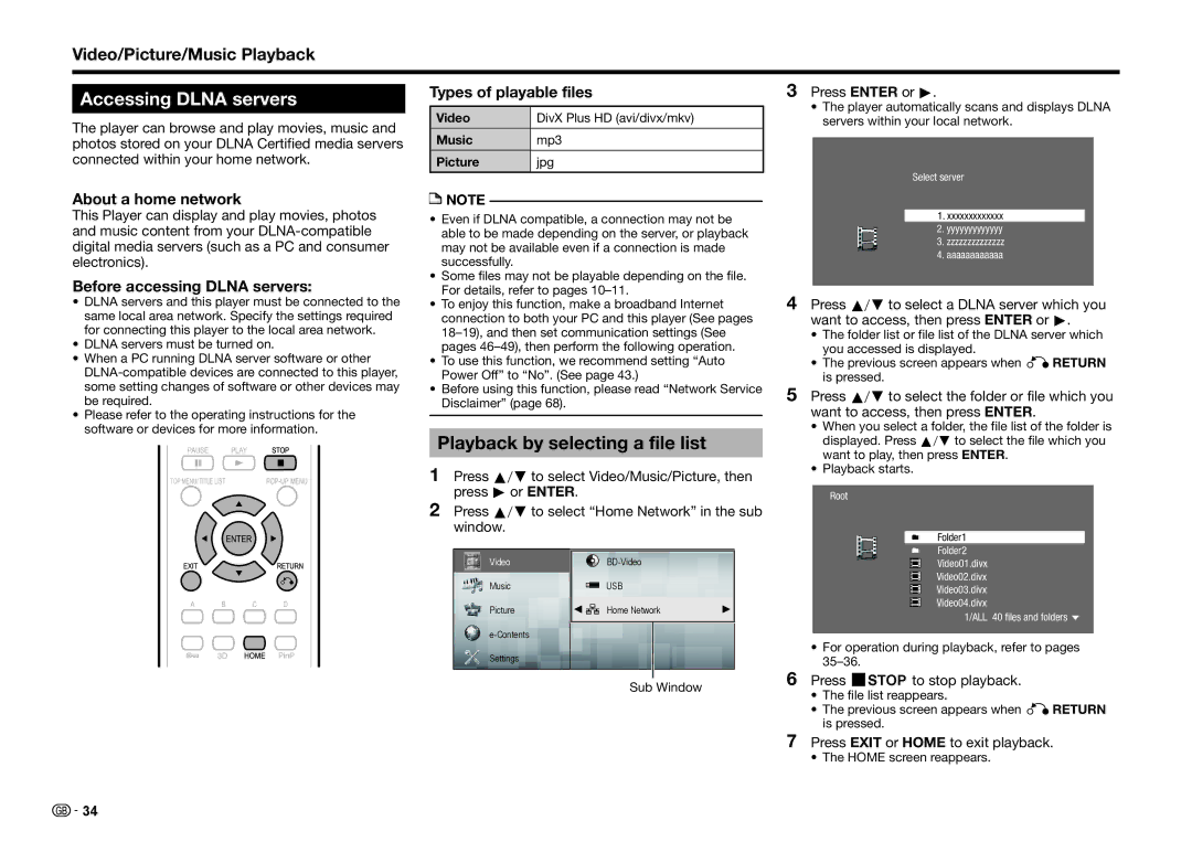 Sharp BD-HP25S Accessing Dlna servers, Playback by selecting a file list, About a home network, Types of playable files 