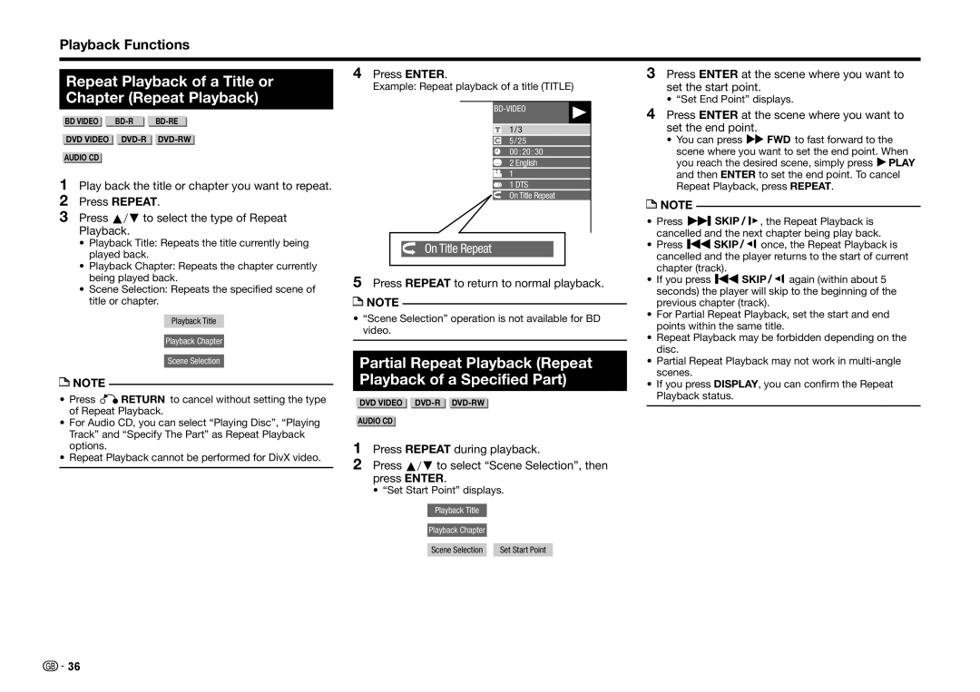 Sharp BD-HP25S operation manual Repeat Playback of a Title or Chapter Repeat Playback, Playback Functions, Press Enter 