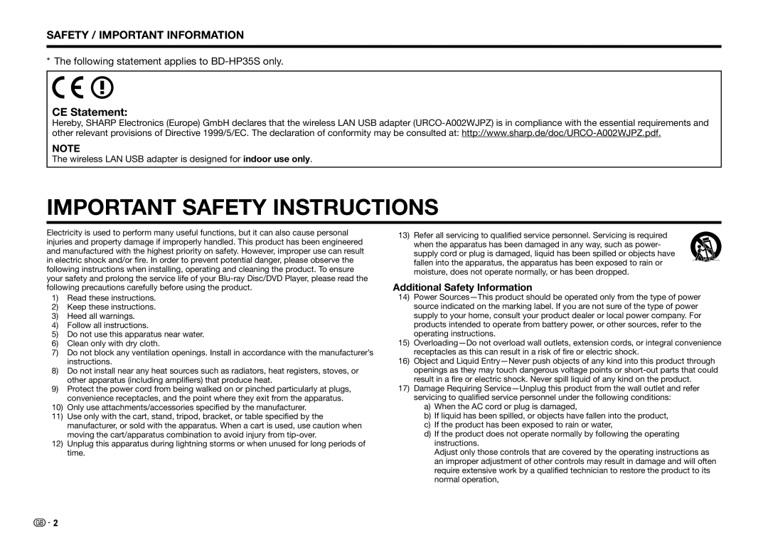 Sharp BD-HP25S CE Statement, Additional Safety Information, Wireless LAN USB adapter is designed for indoor use only 