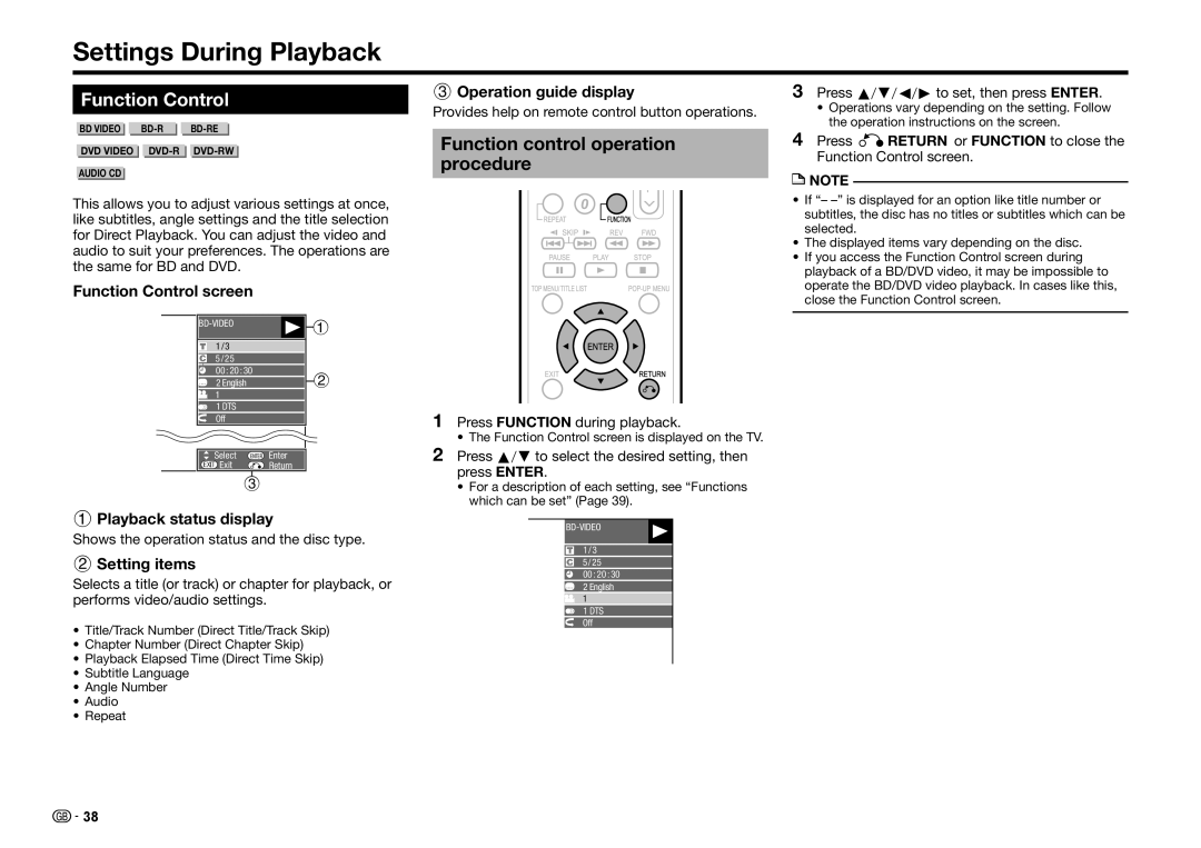 Sharp BD-HP25S operation manual Settings During Playback, Function Control, Function control operation procedure 