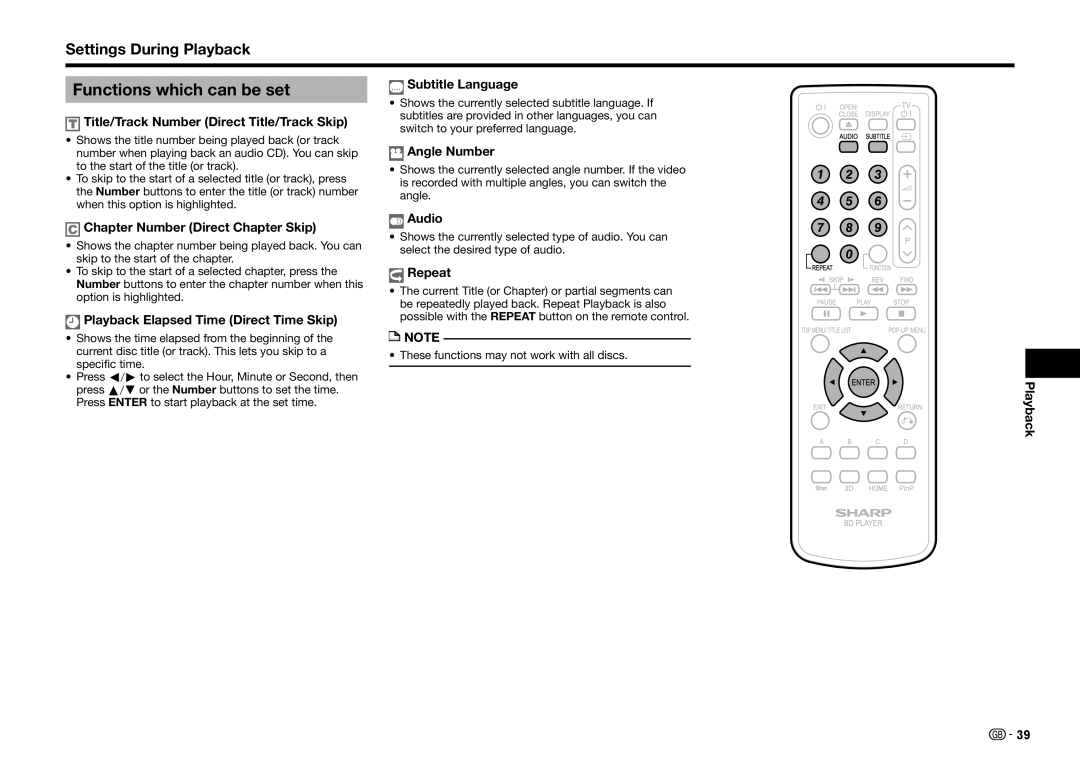 Sharp BD-HP25S operation manual Functions which can be set, Settings During Playback 