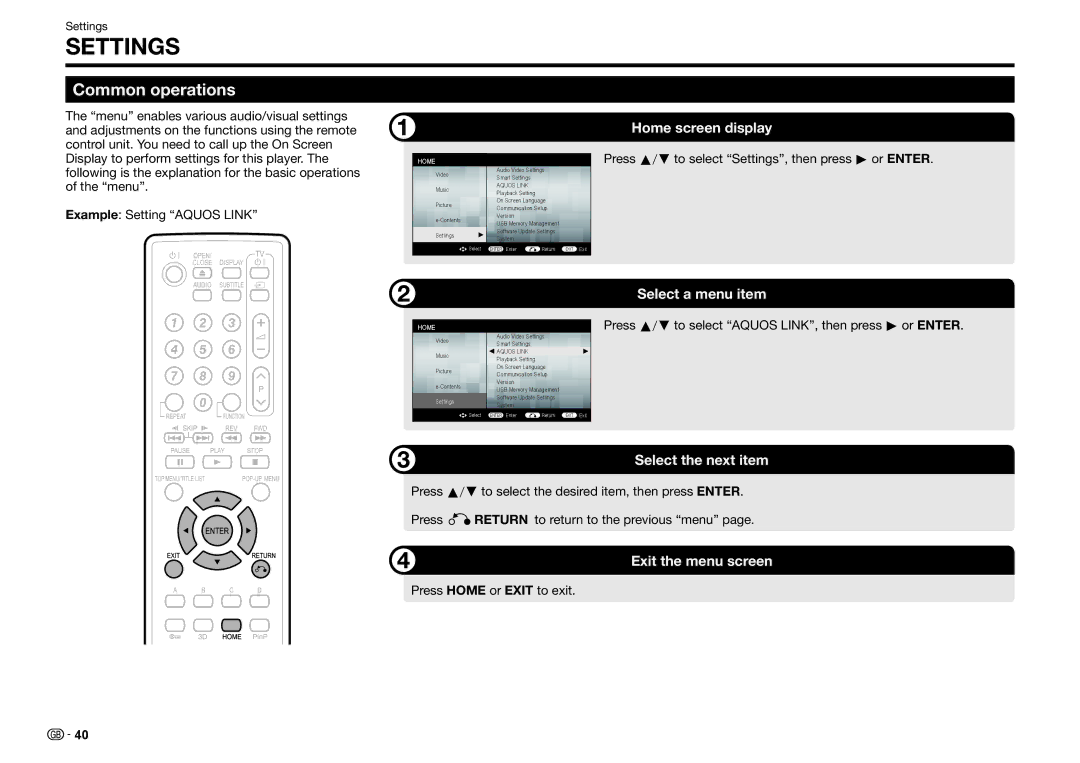 Sharp BD-HP25S operation manual Common operations, Press a/bto select Settings, then press dor Enter 