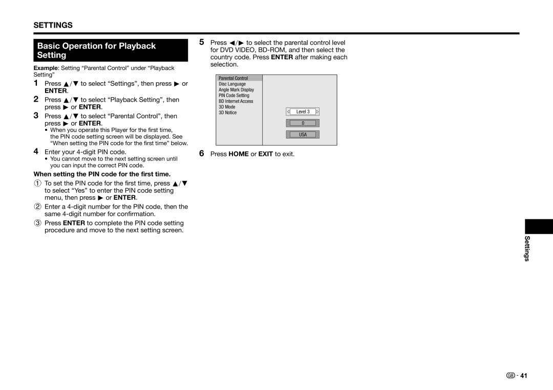 Sharp BD-HP25S Basic Operation for Playback Setting, When setting the PIN code for the first time, Settings 