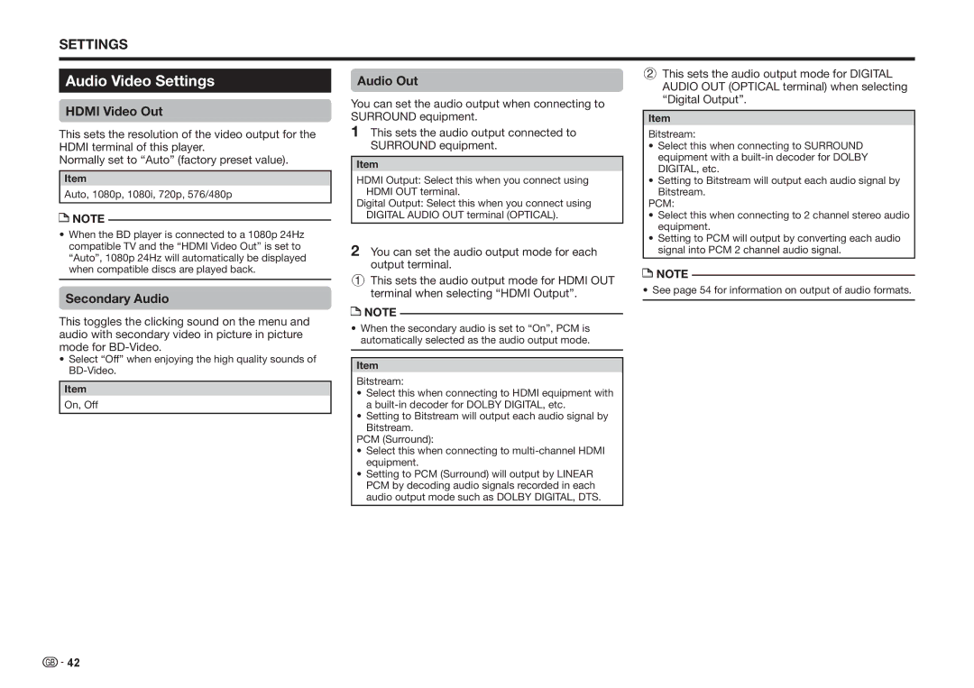 Sharp BD-HP25S operation manual Audio Video Settings, Hdmi Video Out, Secondary Audio, Audio Out 