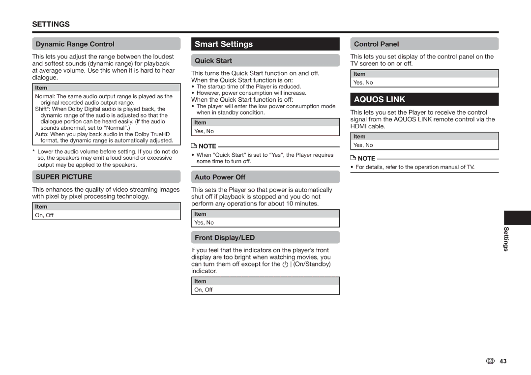 Sharp BD-HP25S operation manual Smart Settings 