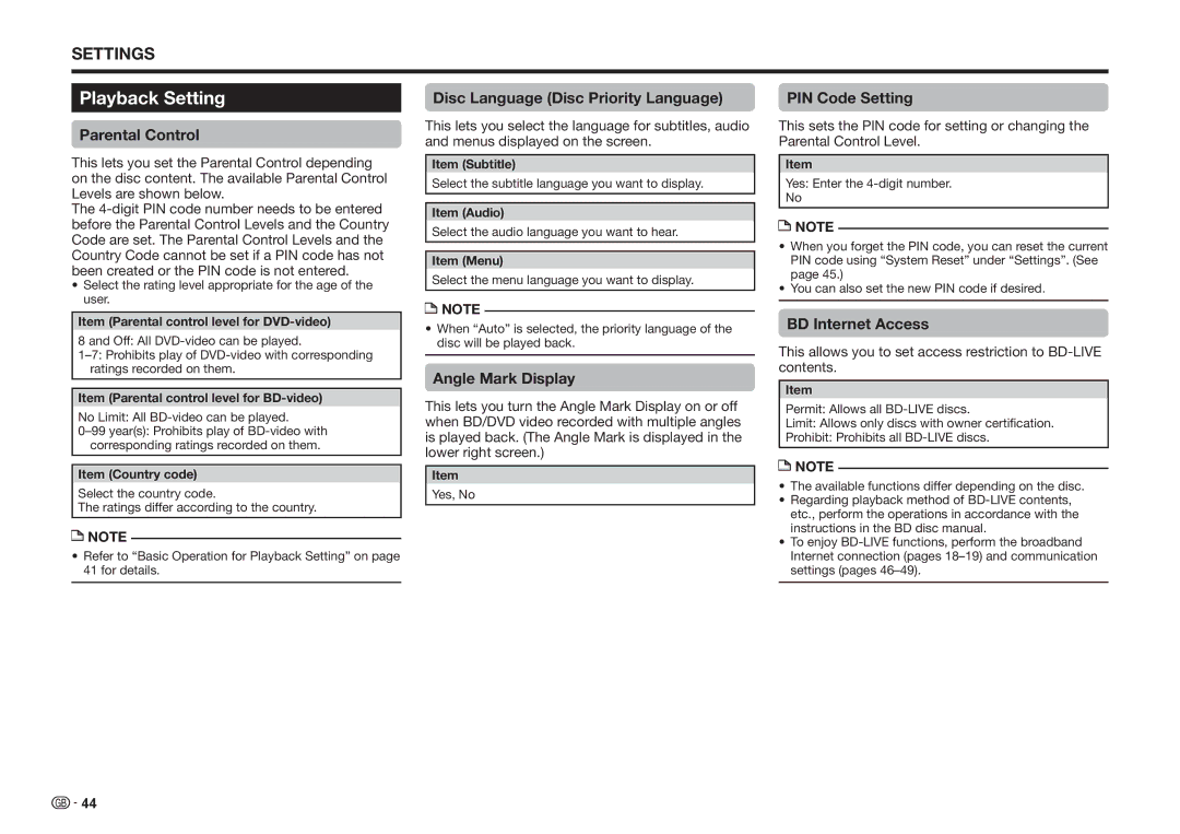 Sharp BD-HP25S operation manual Playback Setting 