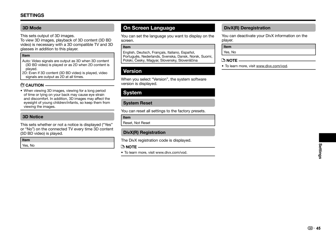 Sharp BD-HP25S operation manual On Screen Language, Version, System 