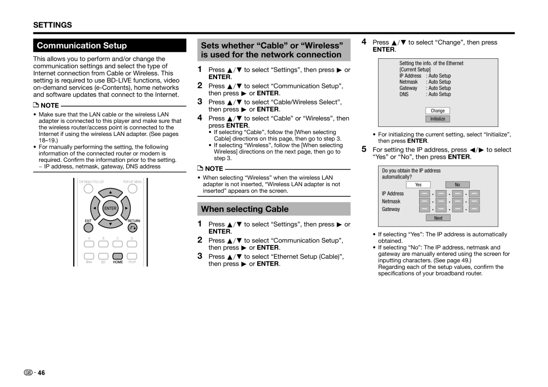 Sharp BD-HP25S operation manual Communication Setup, When selecting Cable 