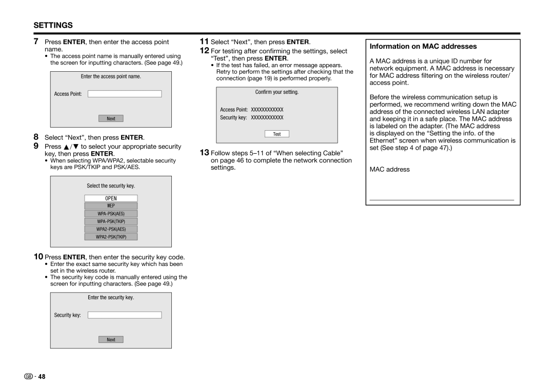 Sharp BD-HP25S operation manual Information on MAC addresses, Press ENTER, then enter the access point name 