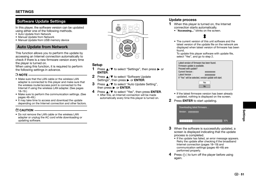 Sharp BD-HP25S operation manual Software Update Settings, Auto Update from Network, Update process, Setup 