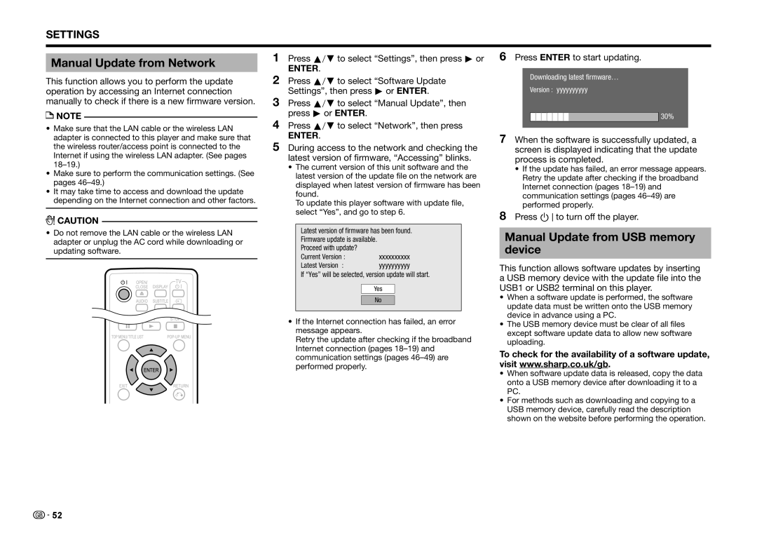 Sharp BD-HP25S Manual Update from Network, Manual Update from USB memory device, Press Bto turn off the player 