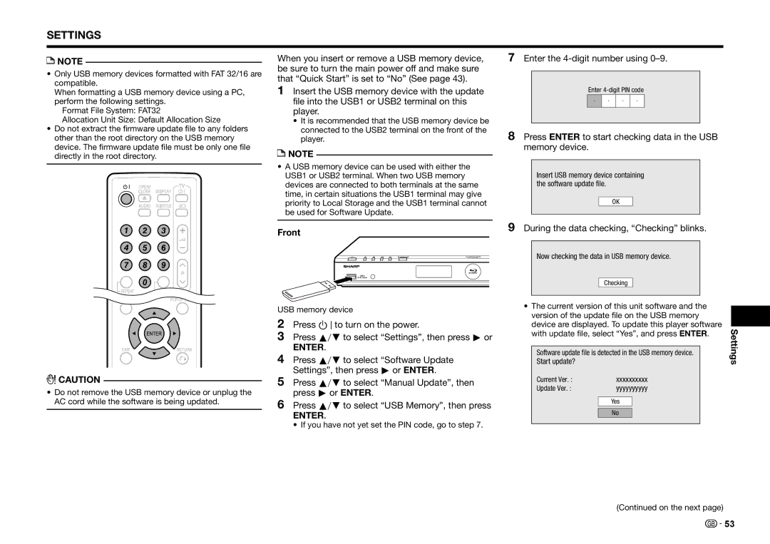 Sharp BD-HP25S operation manual Enter the 4-digit number using, Press Enter to start checking data in the USB memory device 