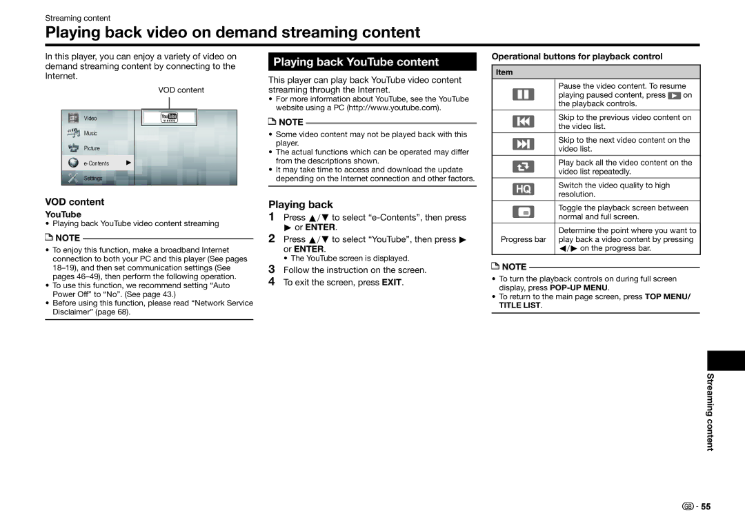 Sharp BD-HP25S operation manual Playing back video on demand streaming content, Playing back YouTube content, VOD content 