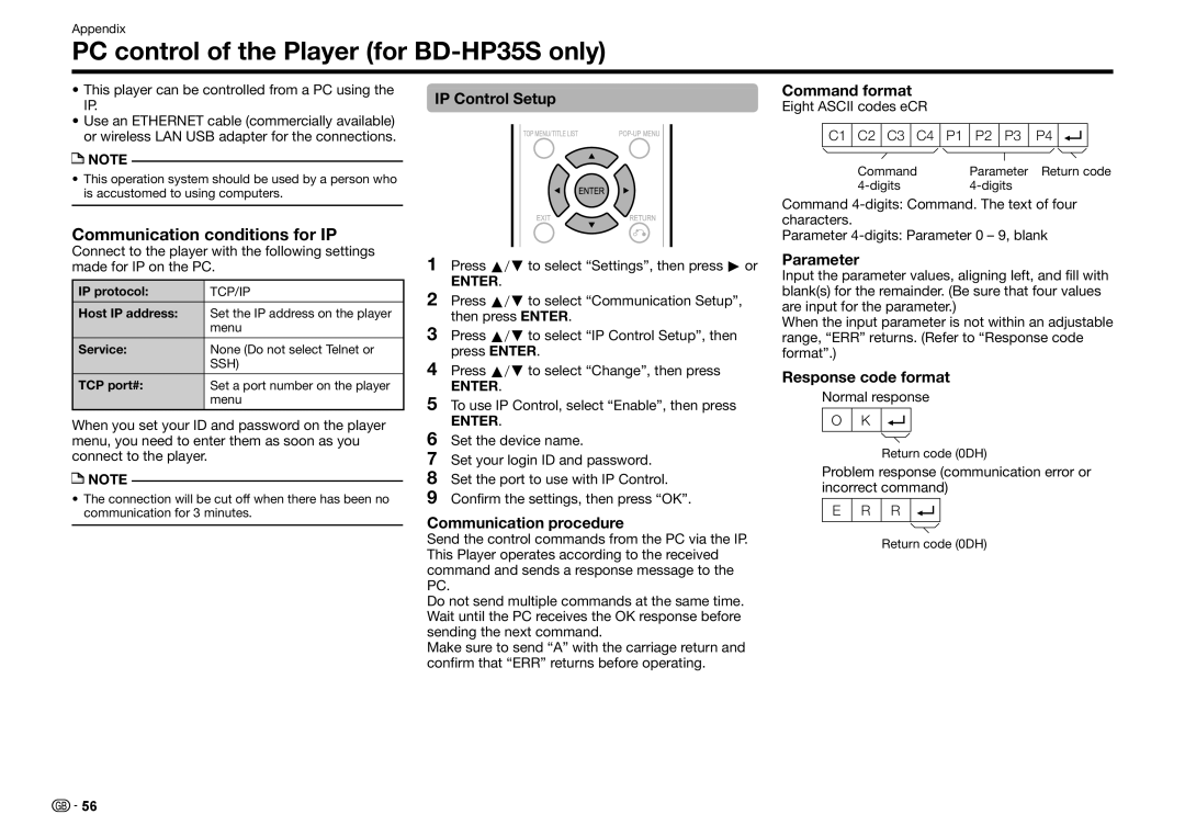 Sharp BD-HP25S operation manual PC control of the Player for BD-HP35S only, Communication conditions for IP 