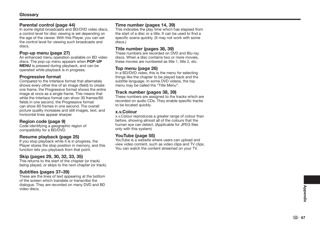 Sharp BD-HP25S Glossary Parental control Time number pages 14, Title number pages 38, Pop-up menu, Top menu, Colour 