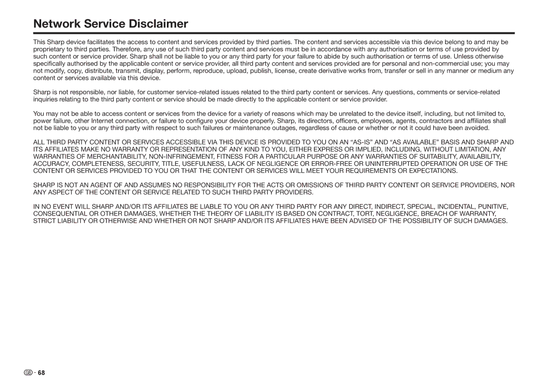 Sharp BD-HP25S operation manual Network Service Disclaimer 