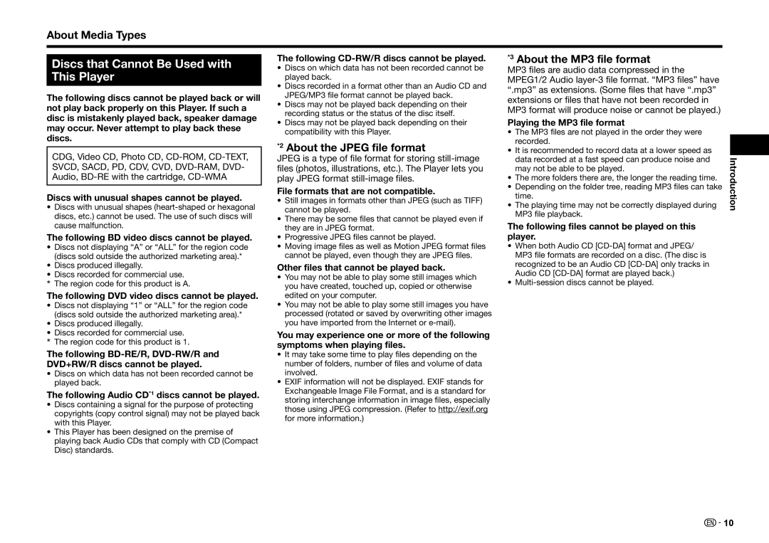 Sharp BD-HP25U operation manual Discs that Cannot Be Used with This Player, About Media Types, About the Jpeg file format 