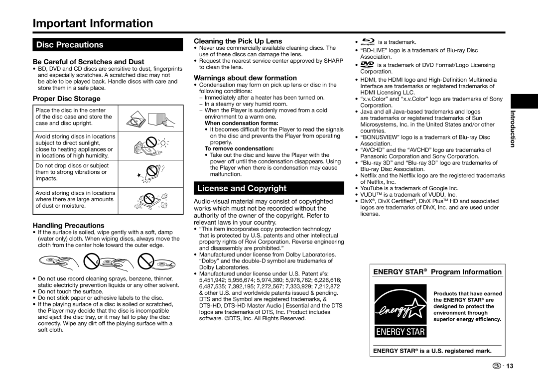 Sharp BD-HP25U operation manual Important Information, Disc Precautions, License and Copyright 