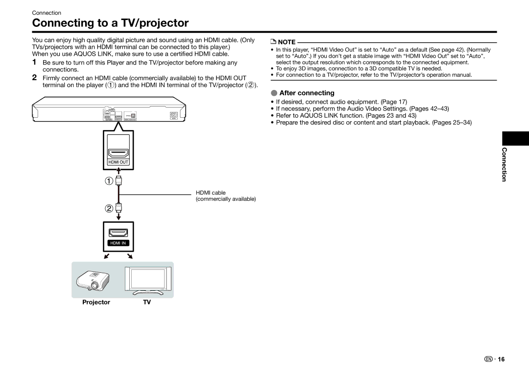 Sharp BD-HP25U operation manual Connecting to a TV/projector, After connecting, Connection, Projector TV 