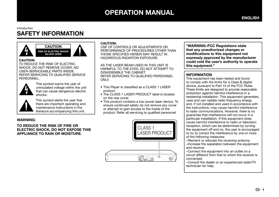 Sharp BD-HP25U operation manual Safety Information 