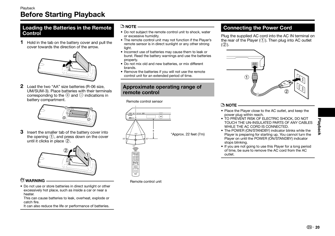 Sharp BD-HP25U Before Starting Playback, Loading the Batteries in the Remote Control, Connecting the Power Cord 