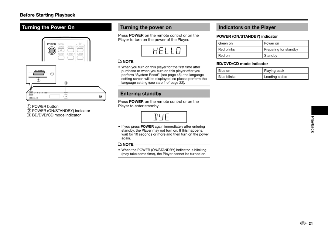 Sharp BD-HP25U operation manual Turning the Power On, Turning the power on, Entering standby, Indicators on the Player 