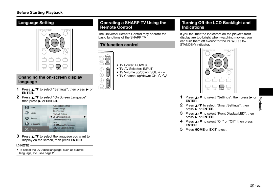 Sharp BD-HP25U Language Setting, Changing the on-screen display language, Operating a Sharp TV Using the Remote Control 