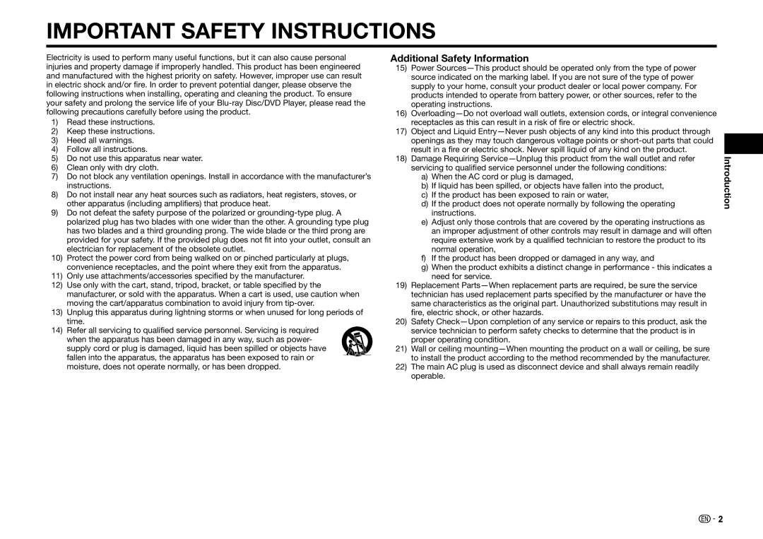 Sharp BD-HP25U operation manual Additional Safety Information, Introduction 