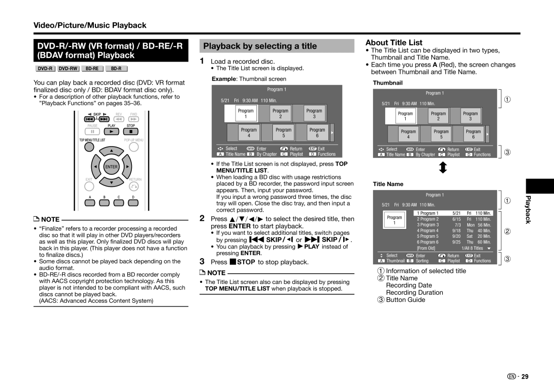 Sharp BD-HP25U DVD-R/-RW VR format / BD-RE/-R, Playback by selecting a title, Bdav format Playback, About Title List 