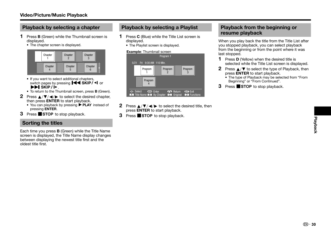 Sharp BD-HP25U operation manual Sorting the titles, Playback from the beginning or resume playback 