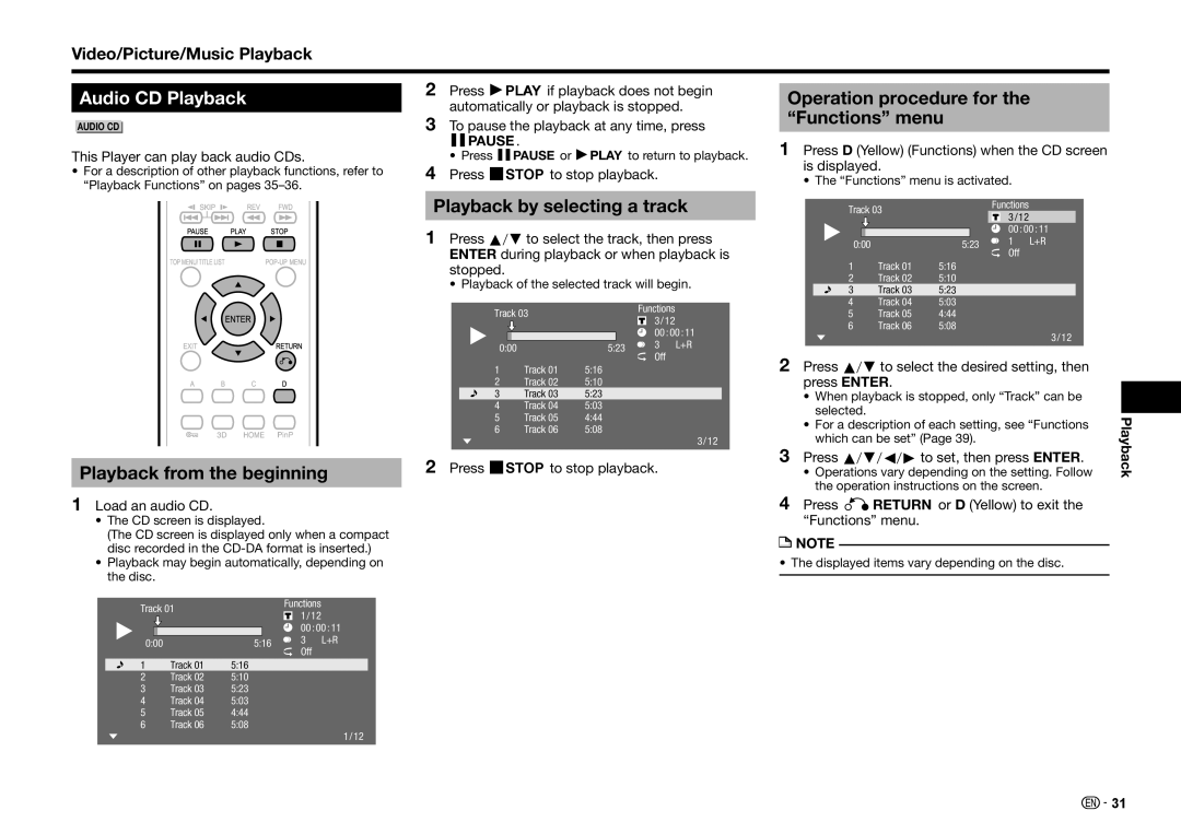 Sharp BD-HP25U operation manual Audio CD Playback, Operation procedure for the Functions menu, Playback from the beginning 