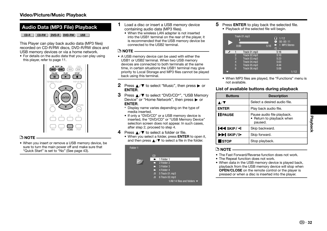 Sharp BD-HP25U operation manual Audio Data MP3 File Playback, List of available buttons during playback 