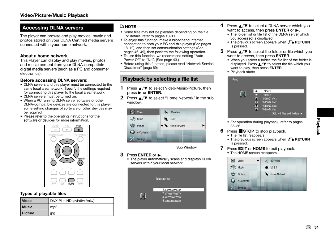 Sharp BD-HP25U Accessing Dlna servers, Playback by selecting a file list, About a home network, Types of playable files 